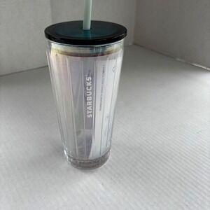 Starbucks Iridescent Ribbed Glass Cold Cup Tumbler Teal Lid Green Straw 2024